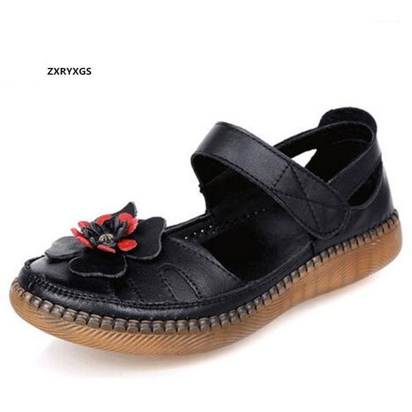 

sandals 2021 round head hollow summer classic flowers genuin leather flat soft bottom beach shoes women sandal shoes1, Black