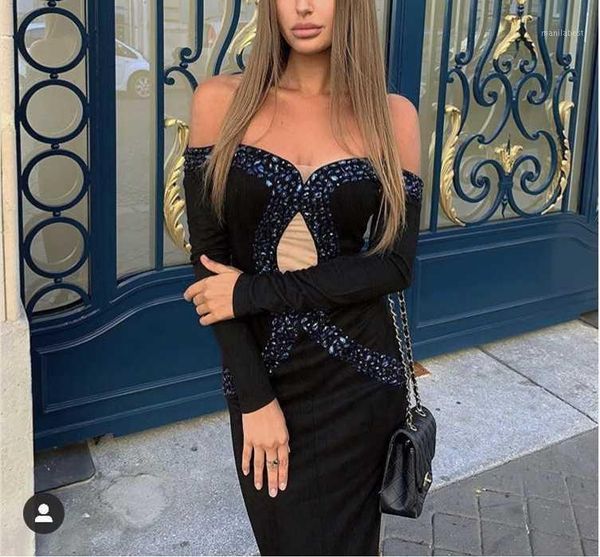 

long sleeve blackslash neck beading rayon shining bandage dress homecoming party dress long1, Black;gray