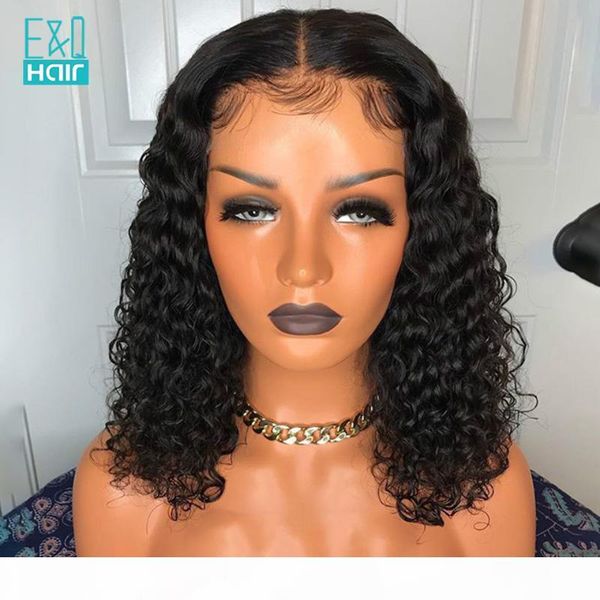 

180 density short bob curly middle part lace front human hair wigs for women pre plucked brazilian remy hair bleached knots, Black;brown