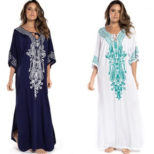 

cover-ups embroidery cotton kaftan beach overszie robe de plage tunic women beachwear swim suit cover up loose side slit dress1