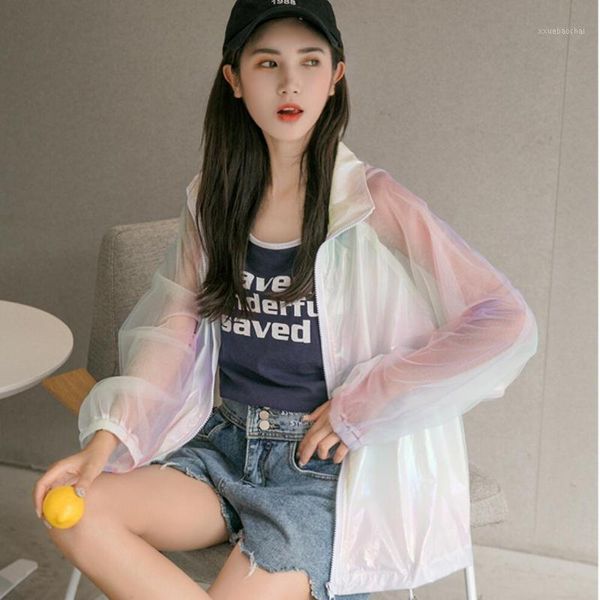 

new transparent laser symphony jersey jacket clear jacket iridescent rainbow hologram sunscreen sunproof coat1, Black;brown