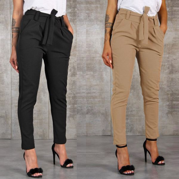 

office lady black suit pants with belt women high waist solid long trousers fashion pockets pants trousers pantalones new 201113, Black;white