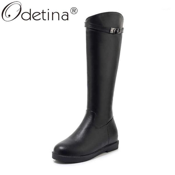 

odetina women fashion buckle strap back zipper platform knee high boots ladies round toe chunky hidden heel winter riding boots1, Black