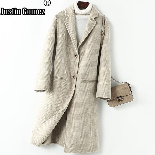 

comfortable plaid cashmere long wool coat vintage warm thicken winter coat long sleeve outwear autumn overcoat, Black