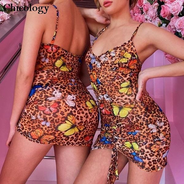 

chicology leopard butterfly colorful bodycon mini dress women bandage 2020 summer club female party streetwear lady clothes, Black;gray