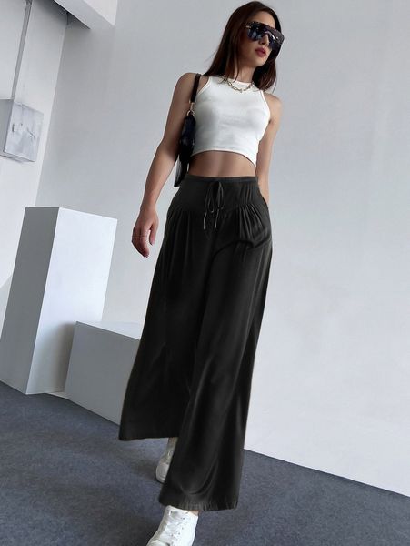 

knot front wide leg pants l1i3#, Black;white