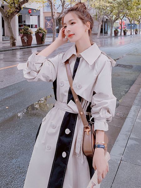 

women's mid-length elegant trench coat casual loose female patchwork windbreakers double breasted all match overcoat, Tan;black