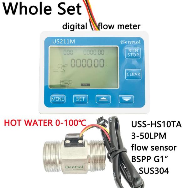 

water us211m digital water flow meter with sus304 stainless steel g1" uss-hs10ta 3-50l/min hall flow sensor reader