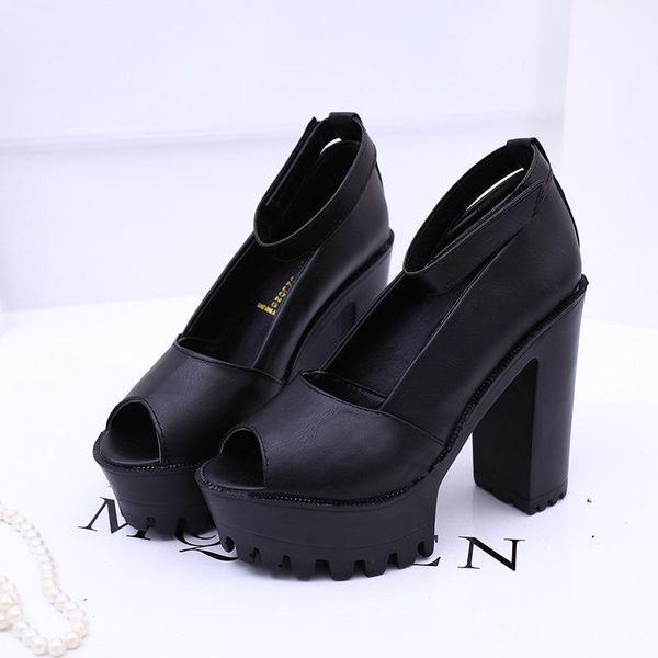 

low toe ankle strap with high heels summer fish mouth sandals thick with large size women low to help high heels, Black