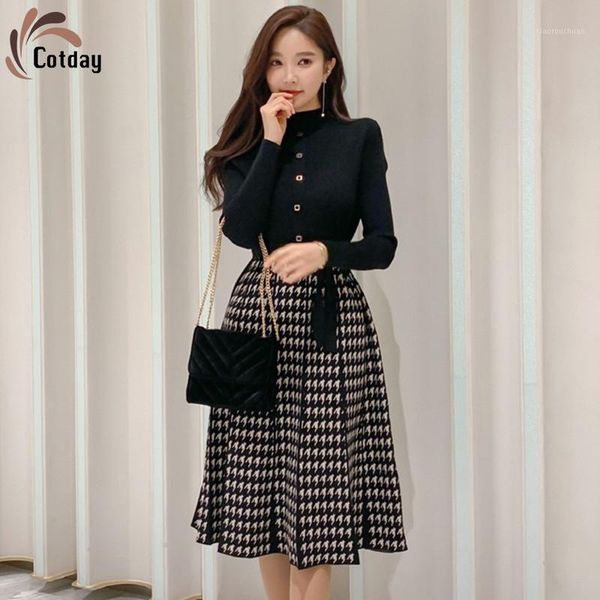 

cotday bow o-neck knitted pleated plaid patchwork korea style long sleeve 2020 autumn elegant women midi dresses1, Black;gray