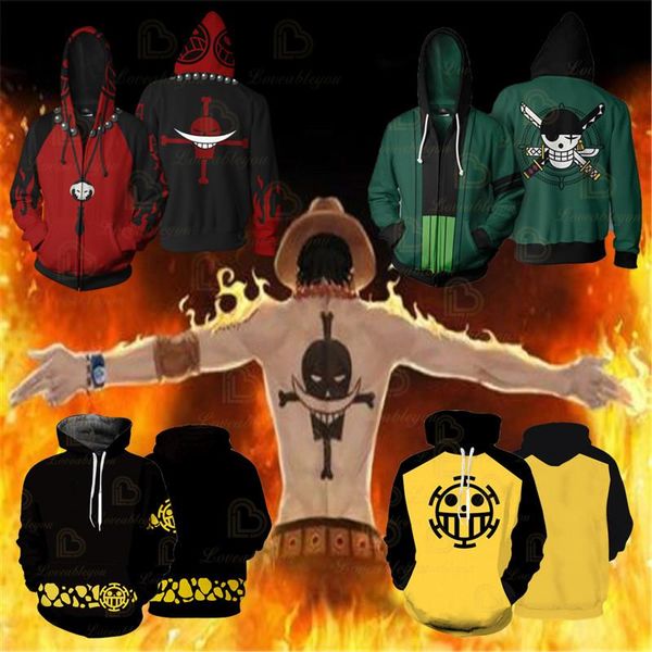 

anime one piece luffy ace law zoro 3d outfit sweatshirts men women hoodies zipper coat jacket pullover uniform cosplay costume, Black