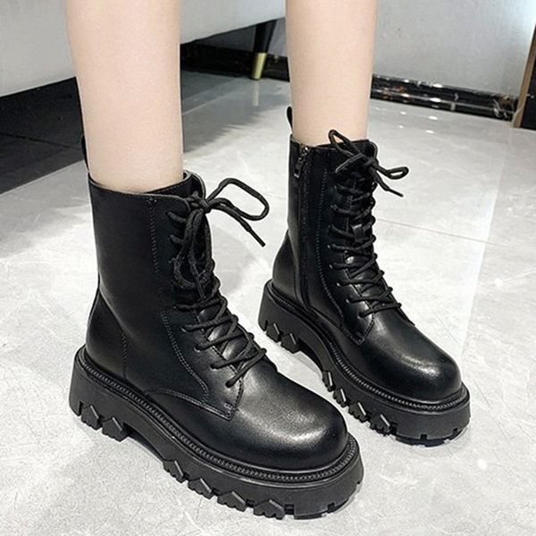 

lucyever chunky platform motorcycle boots women punk style pu leather ankle boots ladies lace up short plush warm shoes woman #oz2i, Black