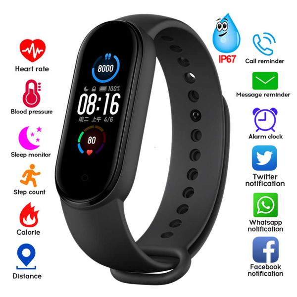 

smart watch m5, waterproof wristband ip67, with blood prsure heart rate control, communication and bluetooth