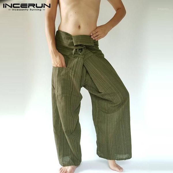 

2019 striped thai fisherman pants men loose pockets joggers cotton casual yoga-pants workout wide leg trousers men s-5xl incerun1, Black