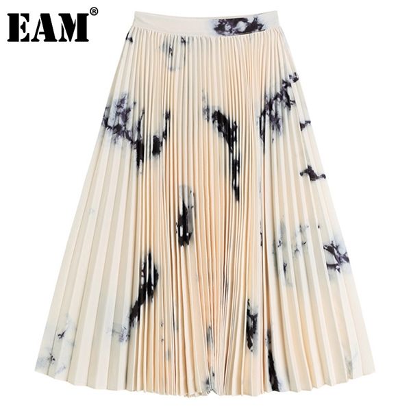 

eam] high elastic waist vintage print pattern tie dye pleated half-body skirt women fashion tide new spring autumn 2021 1dd0991 y1214, Black