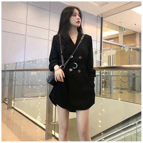 

ye5l9 double breasted temperament v-neck suit 2020 women's dressnational net french minority autumn new style dress red dress yxybs, Black;gray
