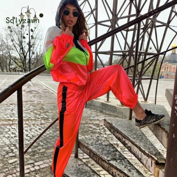 

neon patchwork sportwear women two piece outfits hooded long sleeve jacket + pants streetwear tracksuit women matching sets1, White
