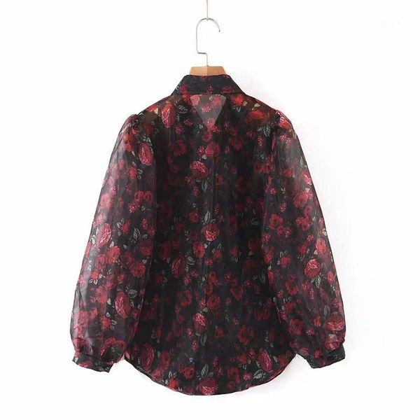 

women elegant floral print organza blouse shirt lantern long sleeve blouses casual turn down collar chic shirt tunic1, White