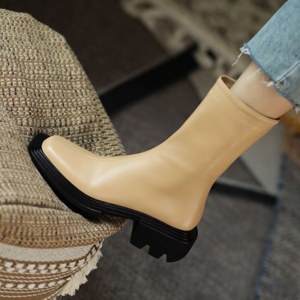 

2020 leather mid-calf genuine for woman toe round autumn winter fashion casual shoes boots z1w1, Black