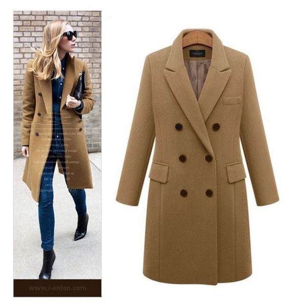 Осенние зимние пальто женщин вскользь шерсть сплошные куртки пиджаки женские элегантные двубортные длинные пальто дамы плюс размер 5xL 201216