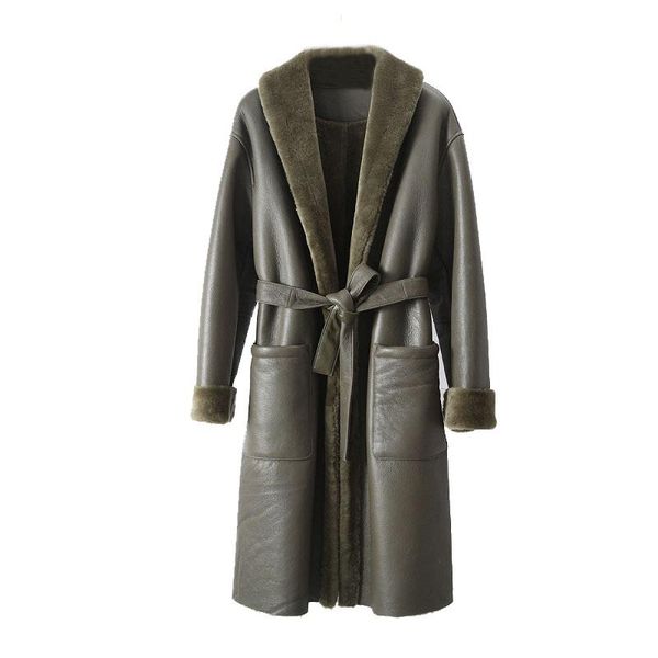 

female long coat winter lamb fur leather jacket female genuine leather lambswool fur collar coats new warm thicken overcoat, Black