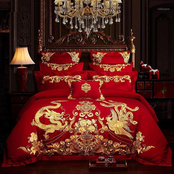 

gold phoenix loong rose embroidery chinese wedding 100% cotton bedding set red duvet cover bed sheet bedspread pillowcase1