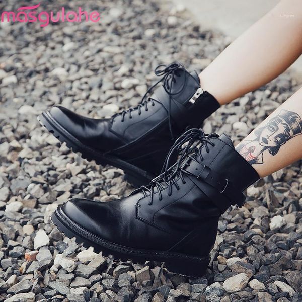 

boots masgulahe 2021 genuine leather shoes women ankle lace up zip buckle autumn low heels punk woman black1, Black