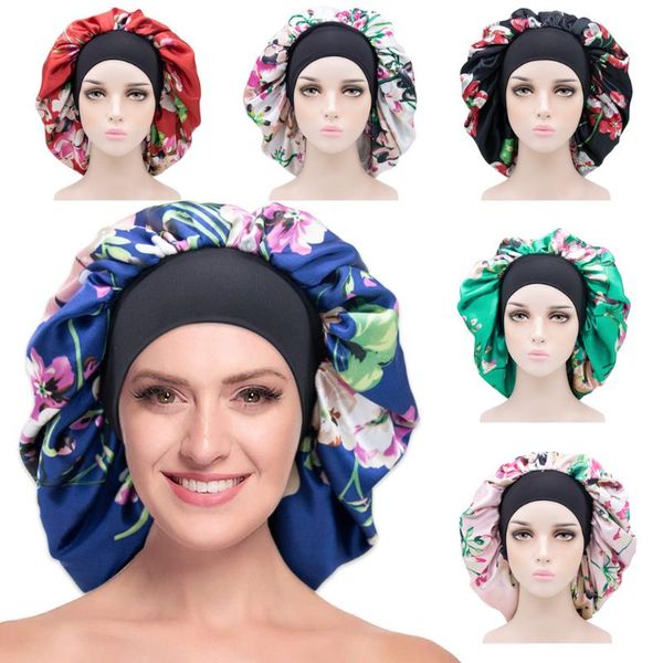 

fashion long hair care women satin bonnet cap printed floral night sleep hat silk head wrap adjust shower chemotherapy caps new, Blue;gray