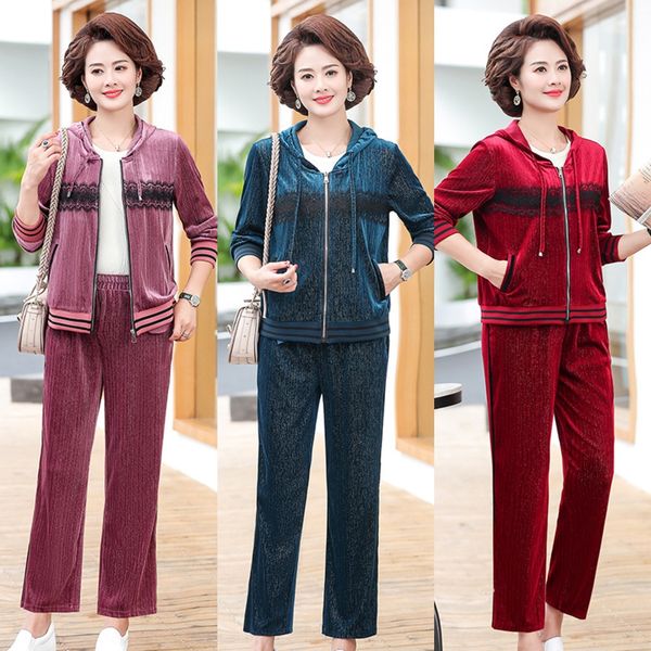 

new mother autumn gold velvet middle aged women's spring and autumn foreign style coatmiddle-aged and elderly loose sportswear sportswe, Gray