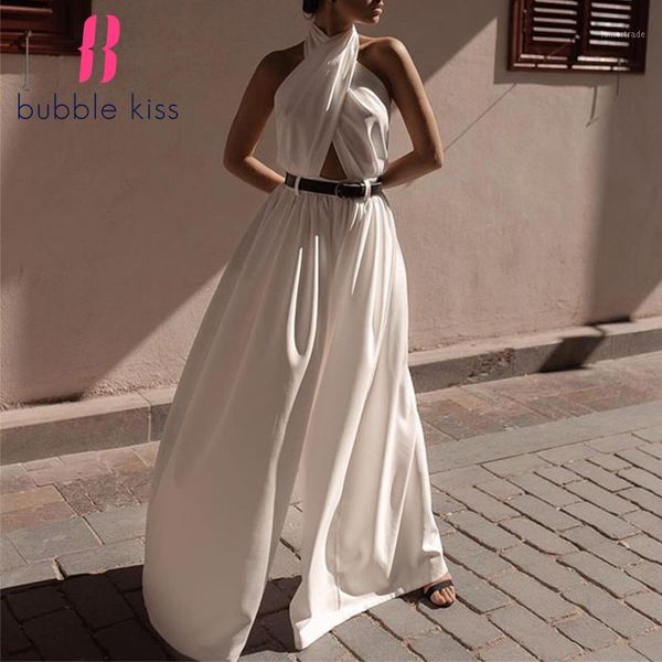 

women's jumpsuits & rompers overalls for women off-the-shoulder halter solid color long jumpsuit elegant cross hanging neck open navel, Black;white