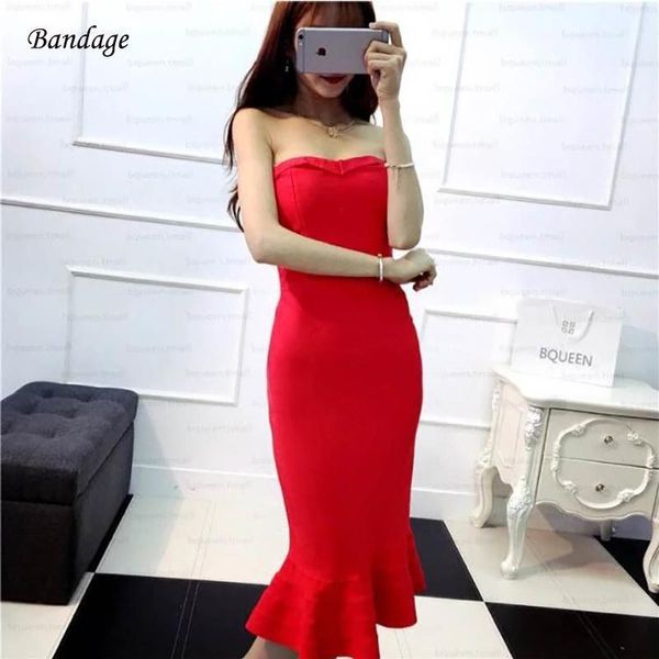 

2020 new ruffles strapless mermaid bandage dress for women bodycon knitted dresses celebrity evening party club midi dress1, Black;gray