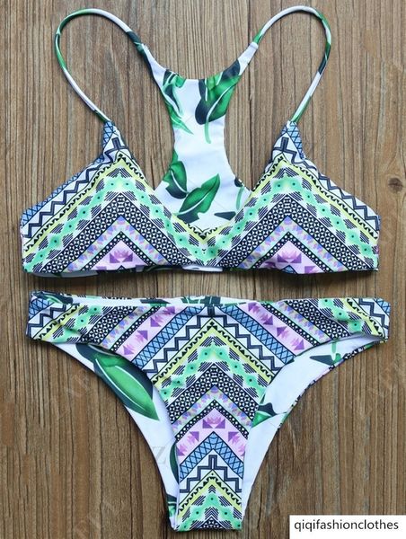 

bikini with geometric pattern of leaves, White;black