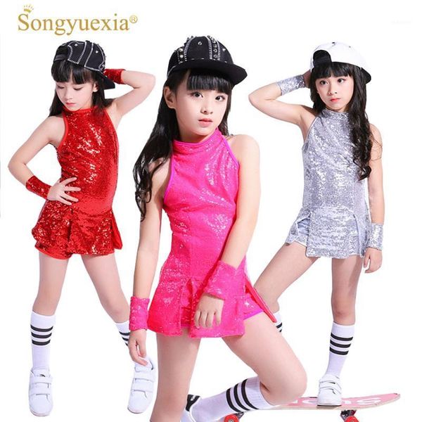 

songyuexia children stage dancewear kid hip-hop jazz dance suit paillette modern dance clothing girl cheerleading costumes1, Black;red