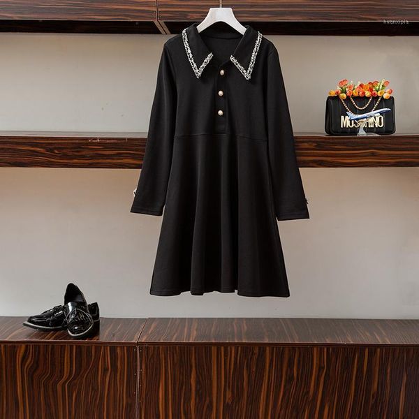 

women's fat mm2020 autumn dress new small fragrance doll neck slim dress1, Black;gray