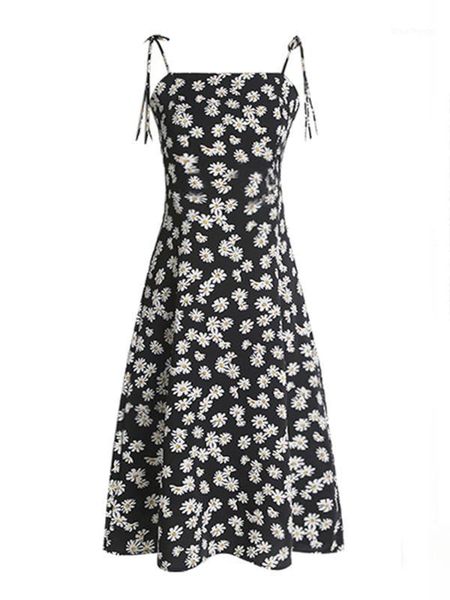 

floral dress women's summer 2020 new slim medium length printed elegant little daisy suspender skirt1, White