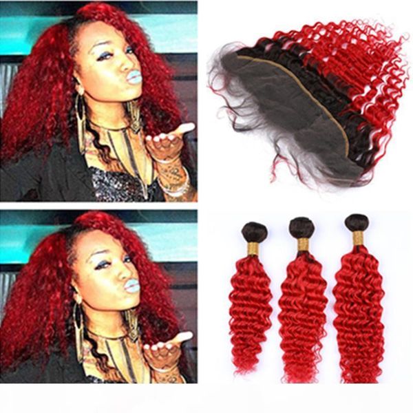 

peruvian human hair #1b red ombre deep wave 3bundles with frontal red ombre deep wavy virgin hair weaves with 13x4 lace frontal closure, Black