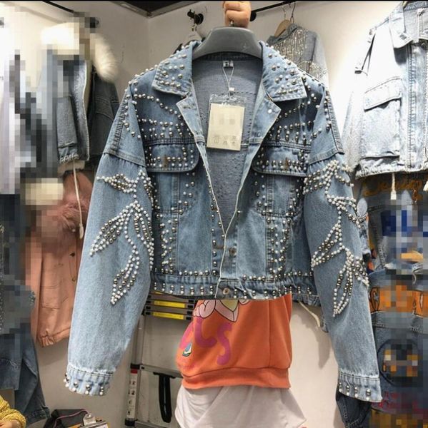 

heavy handmade beaded loose cropped denim jacket women's 2020 spring new casual jeans jacket girls loose denim coats1, Black;brown