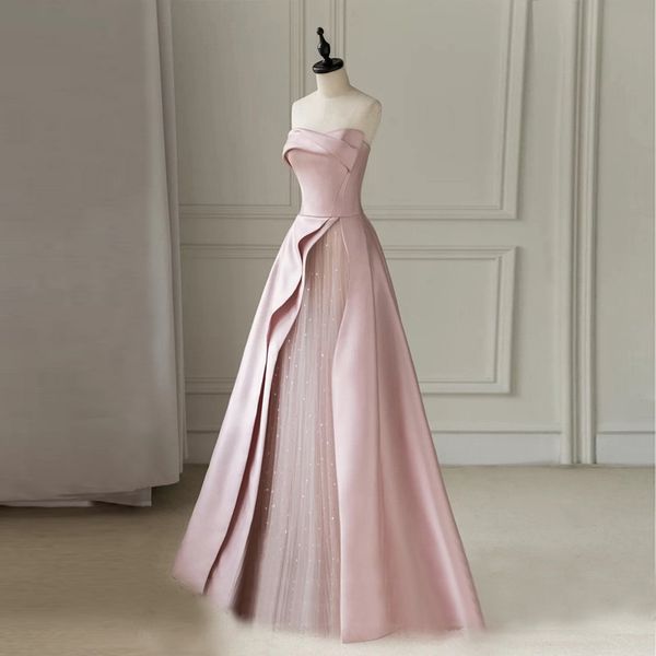 

strapless pink wedding dress a-line satin and pearls beaded tulle vestido casamento floor length wedding gowns bride dress, White