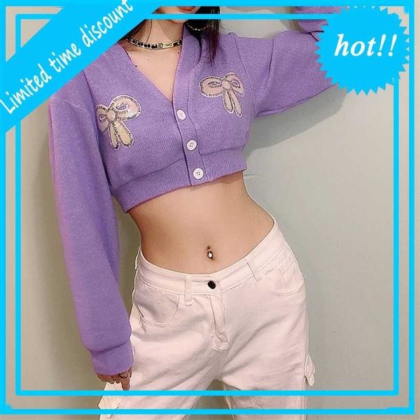 

2021 wind autumn winter new women's wear pure color slim open navel v-neck button cardigan knitted coat, White