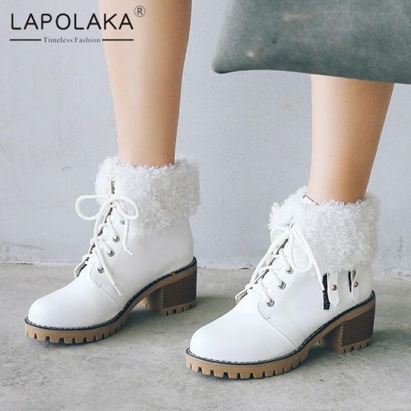 

lapolaka 2020 new design big size 43 thick heels ankle boots woman shoes lace up add fur warm winter boots lady footwear, Black