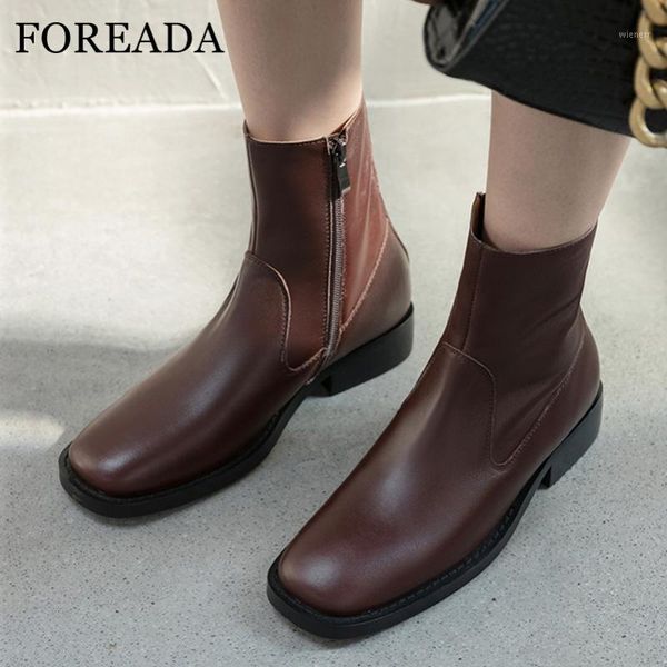 

foreada real leather woman boots platform med heel ankle boots block heel shoes square toe short female autumn winter 391, Black