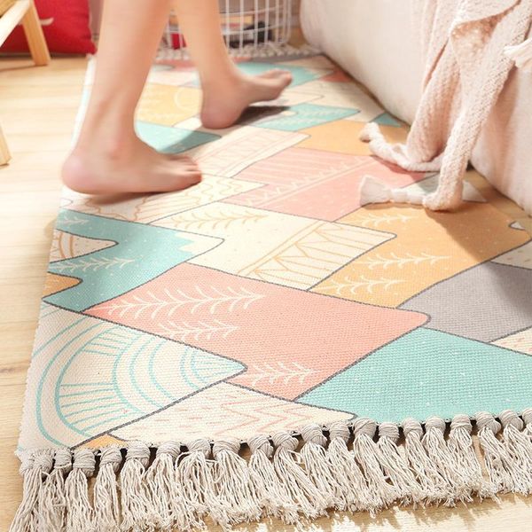 

carpets cotton linen bedside carpet woven mat bedroom runner rug living room hand made rugs bohemia modern printing mat1