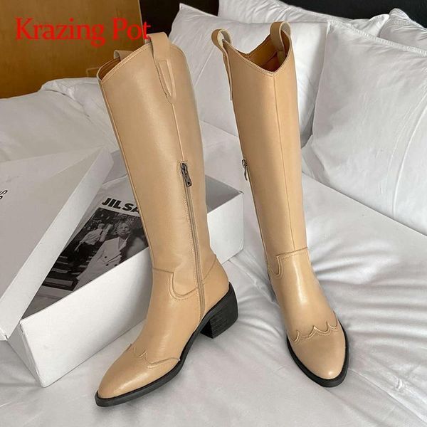 

krazing pot genuine leather pointed toe high heel western boots european style mature young lady elegant knee-high boots l7f11, Black