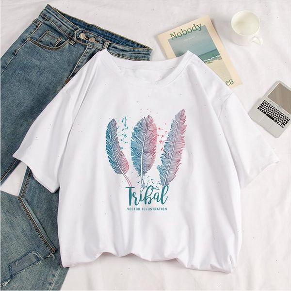 

harajuku fresh feather letter print fun females t shirt new summer fashion retro casual loose large size ulzzang ladies clothing, White