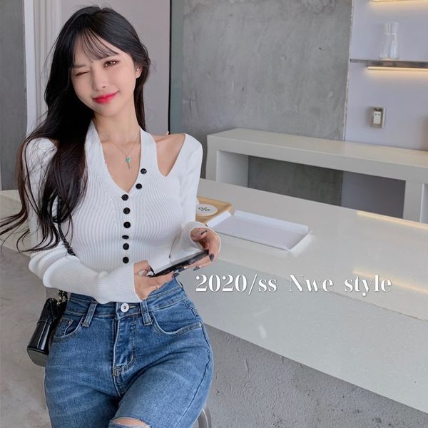 

autumn / winter 2020 new v-neck open back long sleeve t-shirt slim short bottom sweater for women