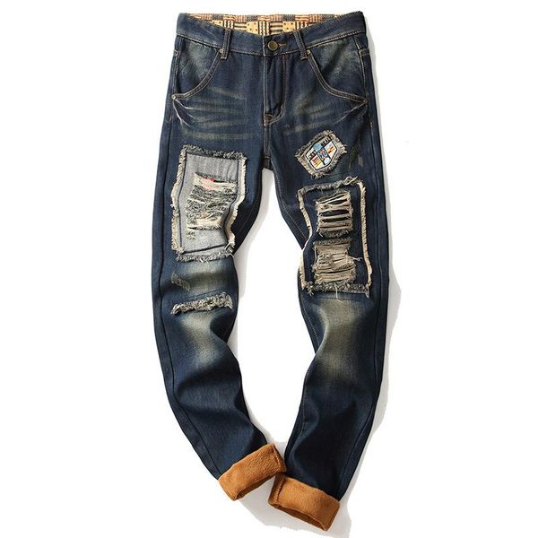 

retro blue jeans fashion trendy ripped patch straight leg pants men's plus velvet jeans trendy pants autumn and winter new