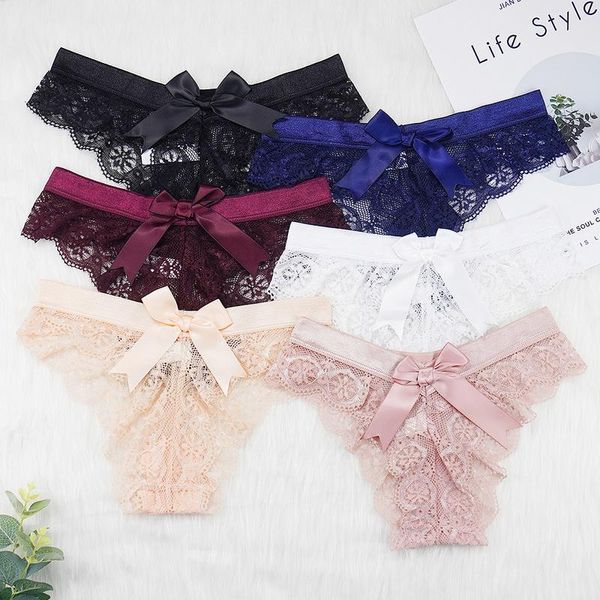 

3pcs/lots string femme tanga women's panties lace see through thong back bow cute hipster panty s-xl intimates, Black;pink