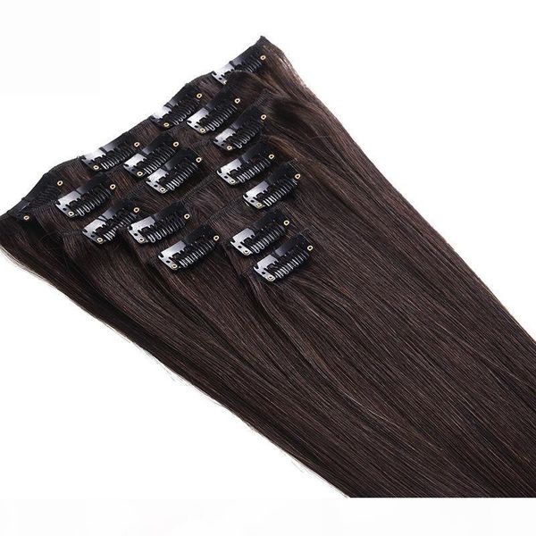 

grade 5a--100% human hair clip in hair extension, peruvian hair straight wave full head 100g set 8pc set 17clips,color 2#, dhl, Black