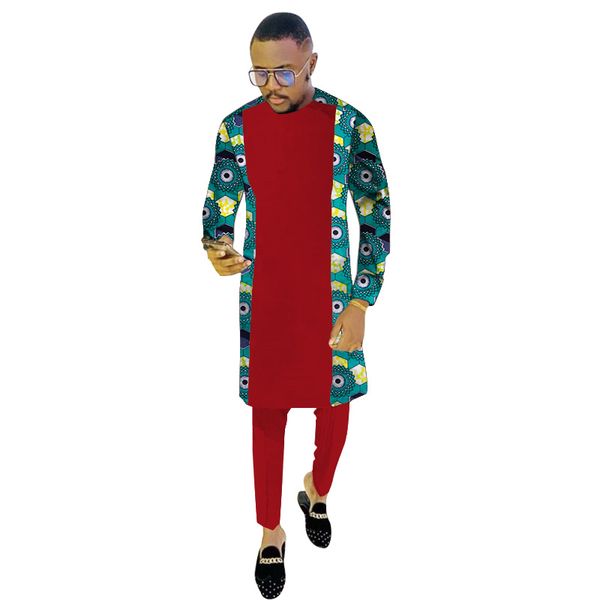 

print/red patchwork long sleeve shirts with solid trousers fashion pant sets male groom suits plus size african party wears 1022, Gray