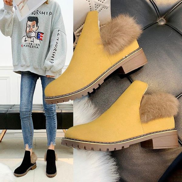 

ankle boots cow-suede-leather boots natural-fur warm winter slip-on snow for women m1617, Black